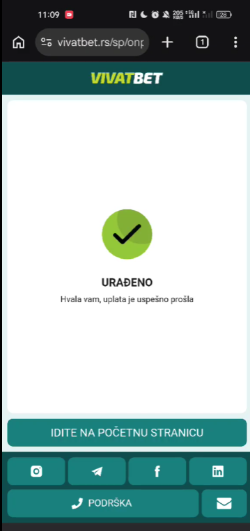 Potvrda uspešne uplate na mobilnom VivatBet sajtu
