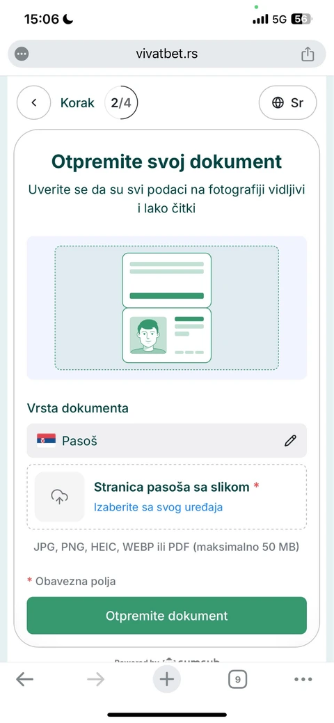 Ekran za dostavljanje stranice pasoša sa fotografijom