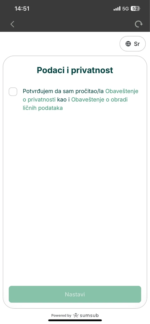 Ekran sa obaveštenjima o podacima i privatnosti